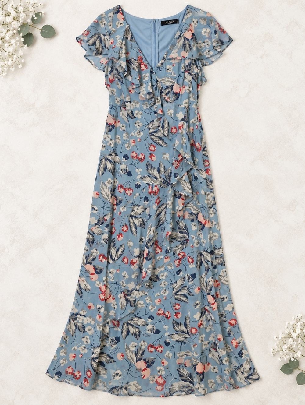 Lauren Ralph Lauren Blue Floral Maxi Dress Size 10 Elegant Summer